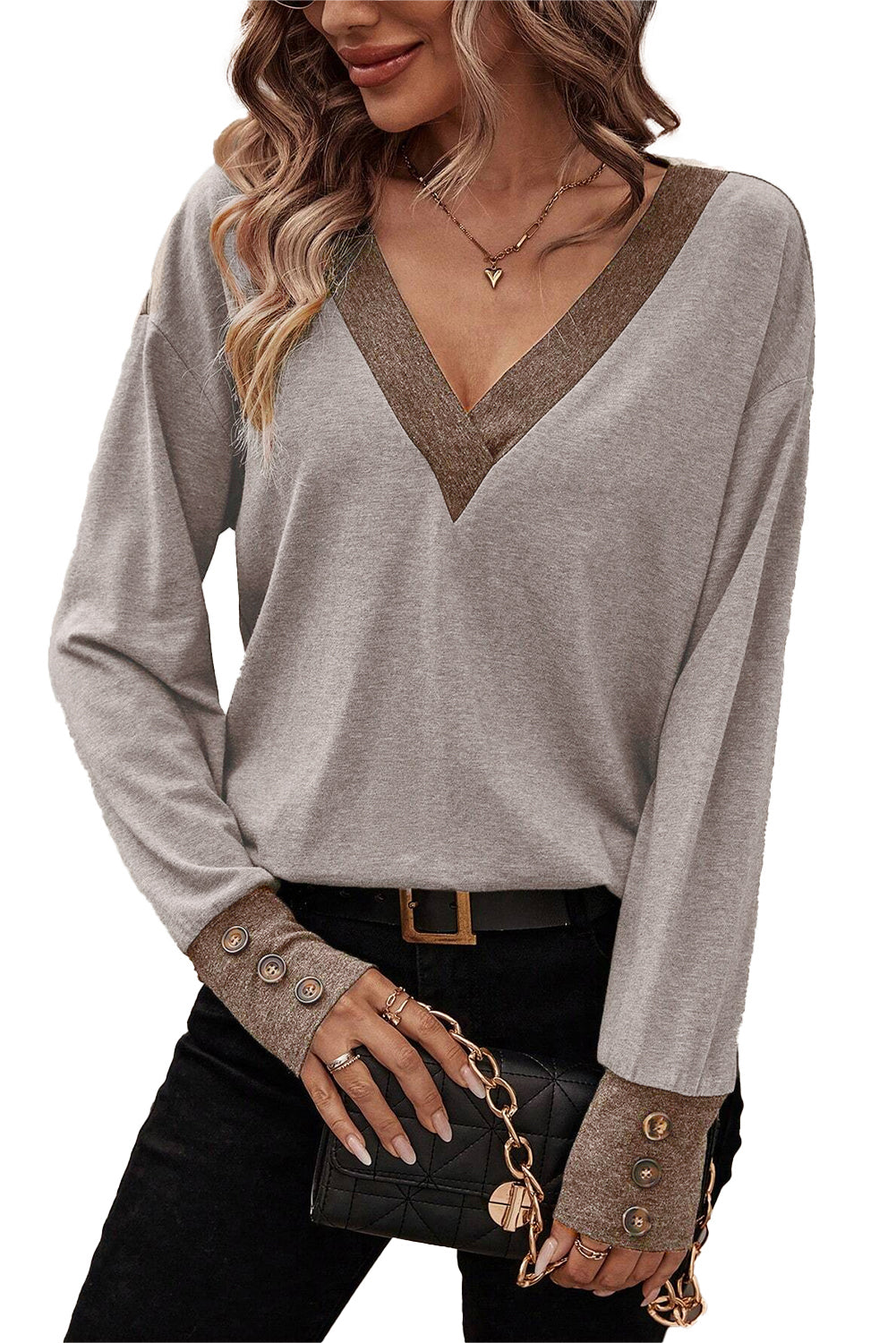 Colorblock Buttoned Cuff V-Neck Top