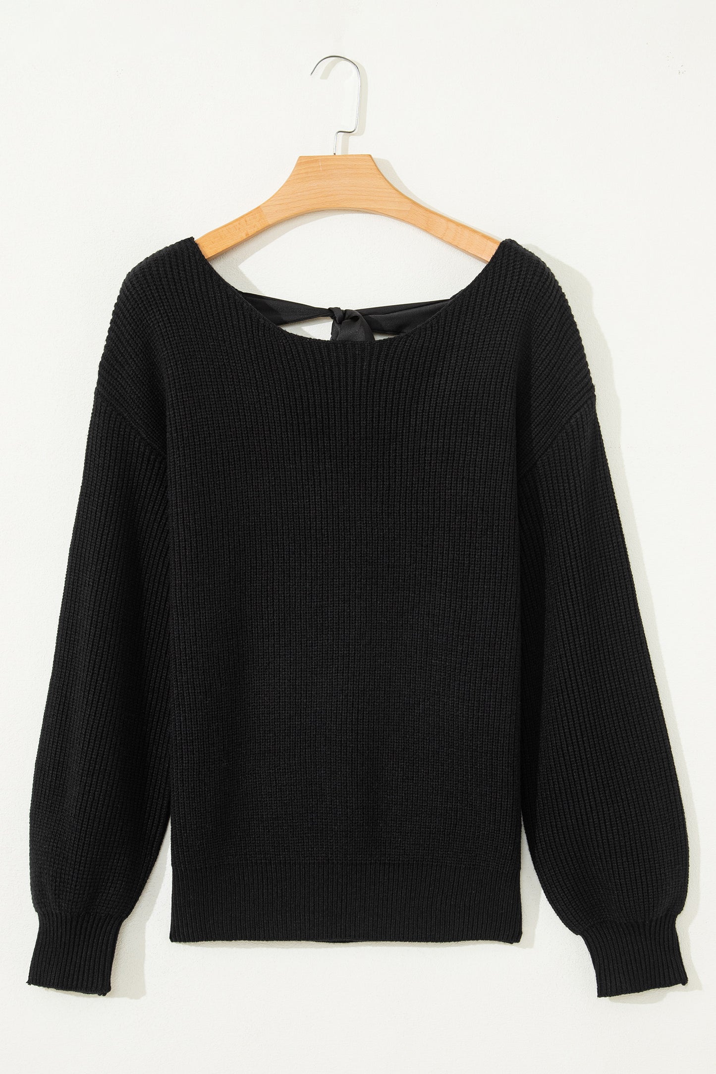 Ribbon Knot Backless Drop Shoulder Ribbed Sweater