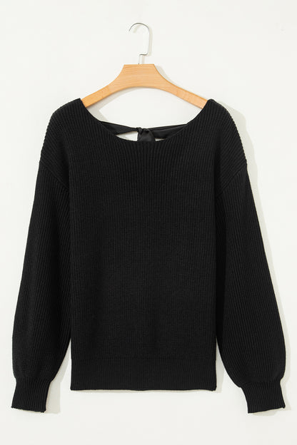 Ribbon Knot Backless Drop Shoulder Ribbed Sweater