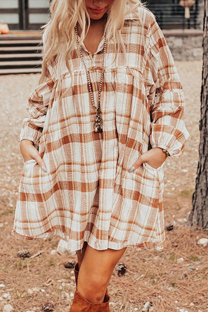 Plaid Bubble Sleeve Babydoll Dress