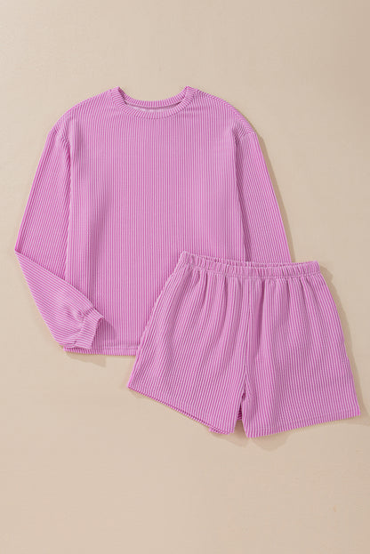 Corded Knit Long Sleeve Top and Shorts Set