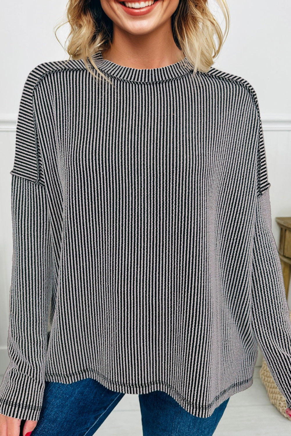 Solid Corded Knit Long Sleeve Top