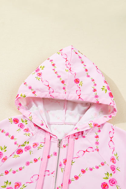 Floral Half Zip Kangaroo Pocket Drawstring Hoodie