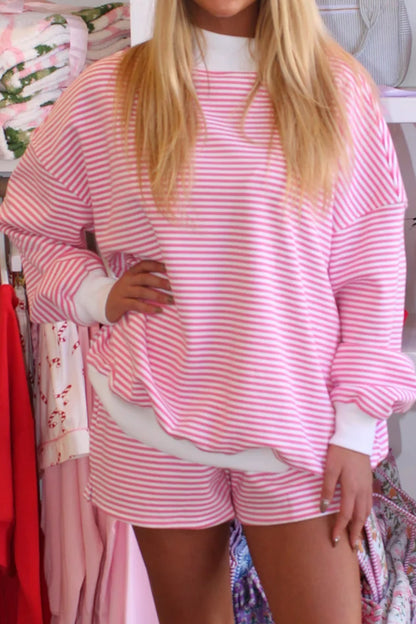 Stripe Oversize Mock Neck Sweatshirt & Shorts Set