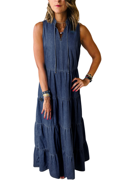 Chambray Sleeveless Tiered Maxi Dress