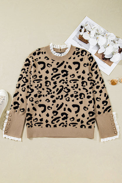 Plus Size Leopard Knit Lacy Trim Long Sleeve Sweater
