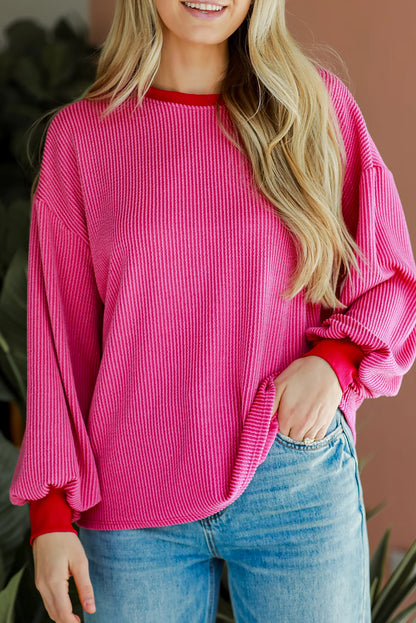 Corded Contrast Trim Long Sleeve Top