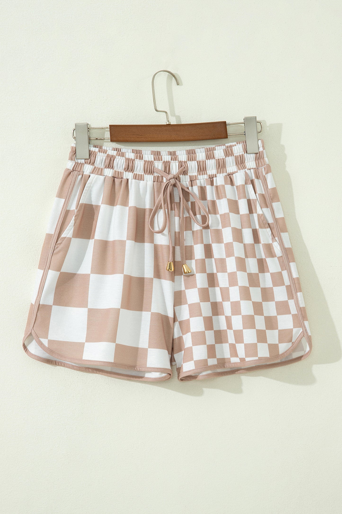Checker Patchwork Beaded Drawstring Shorts