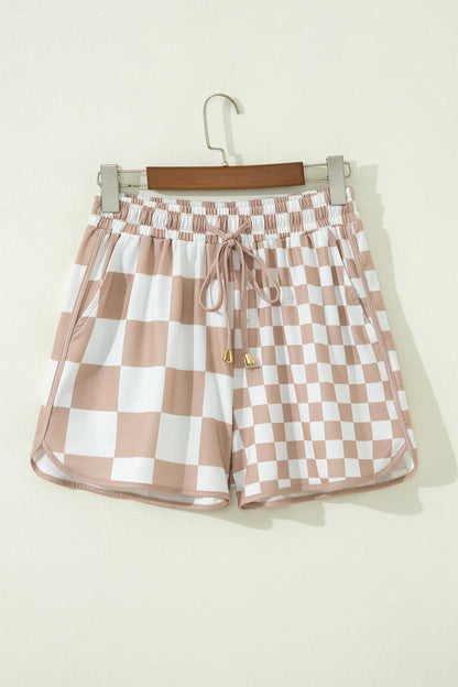 Checker Patchwork Beaded Drawstring Shorts