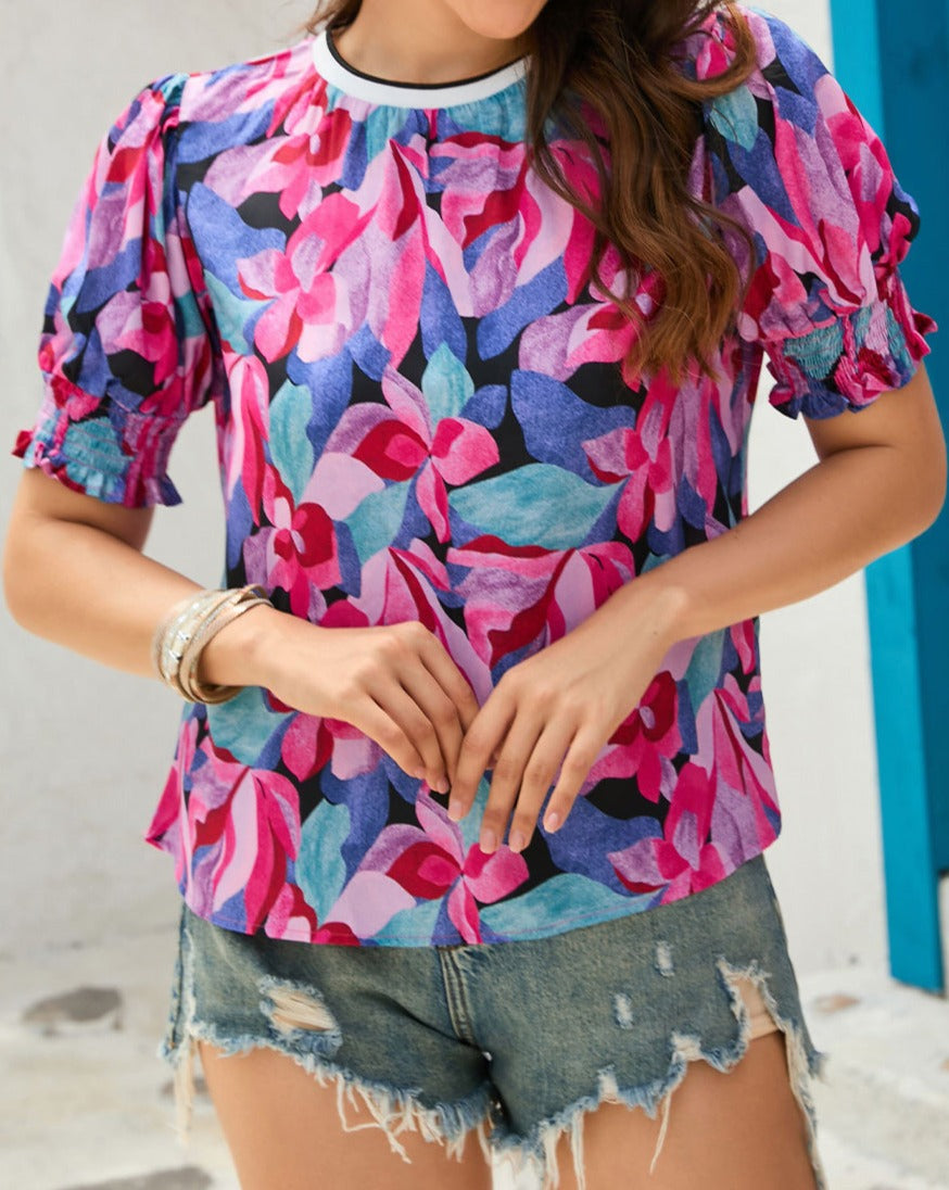 Floral Shirred Puff Sleeve Blouse