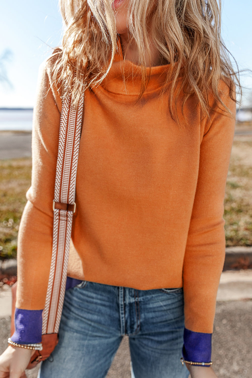 Contrast Trim Mock Neck Sweater