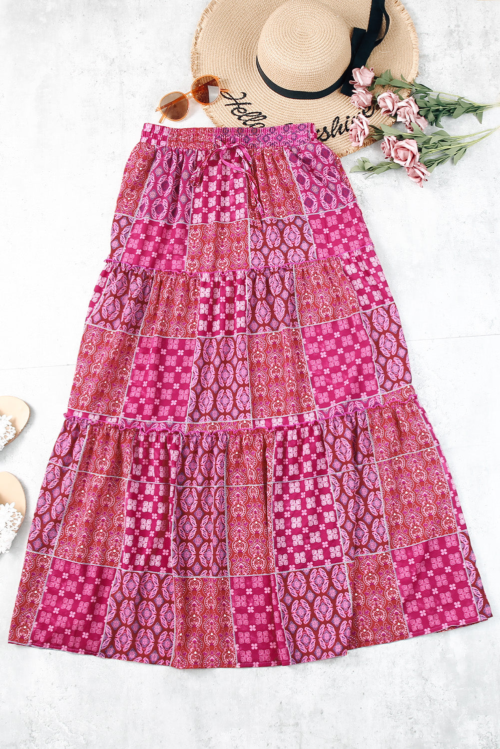 Paisley Ruffle Tiered Pocketed Maxi Skirt