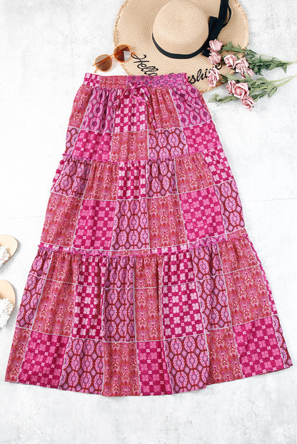 Paisley Ruffle Tiered Pocketed Maxi Skirt