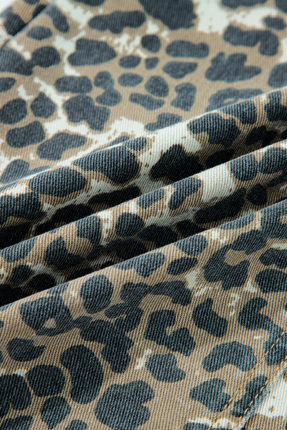 Leopard Denim Pocketed Mini Dress