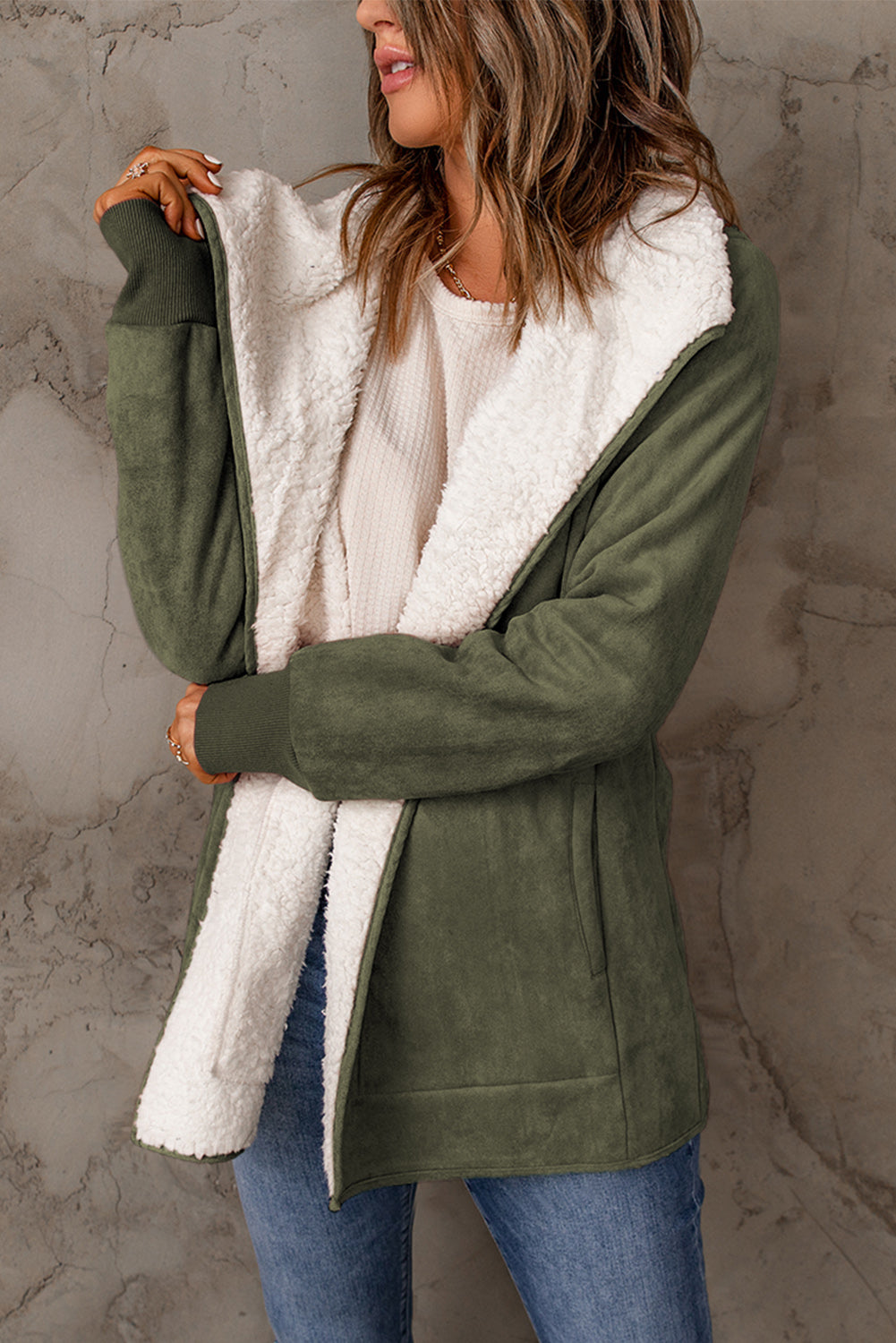 Suede Fleece Open Front Jacket