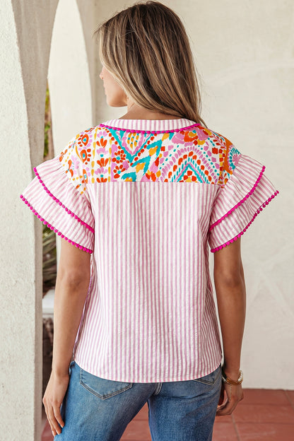 Boho Contrast Trim Patchwork Tiered Short Sleeve Blouse