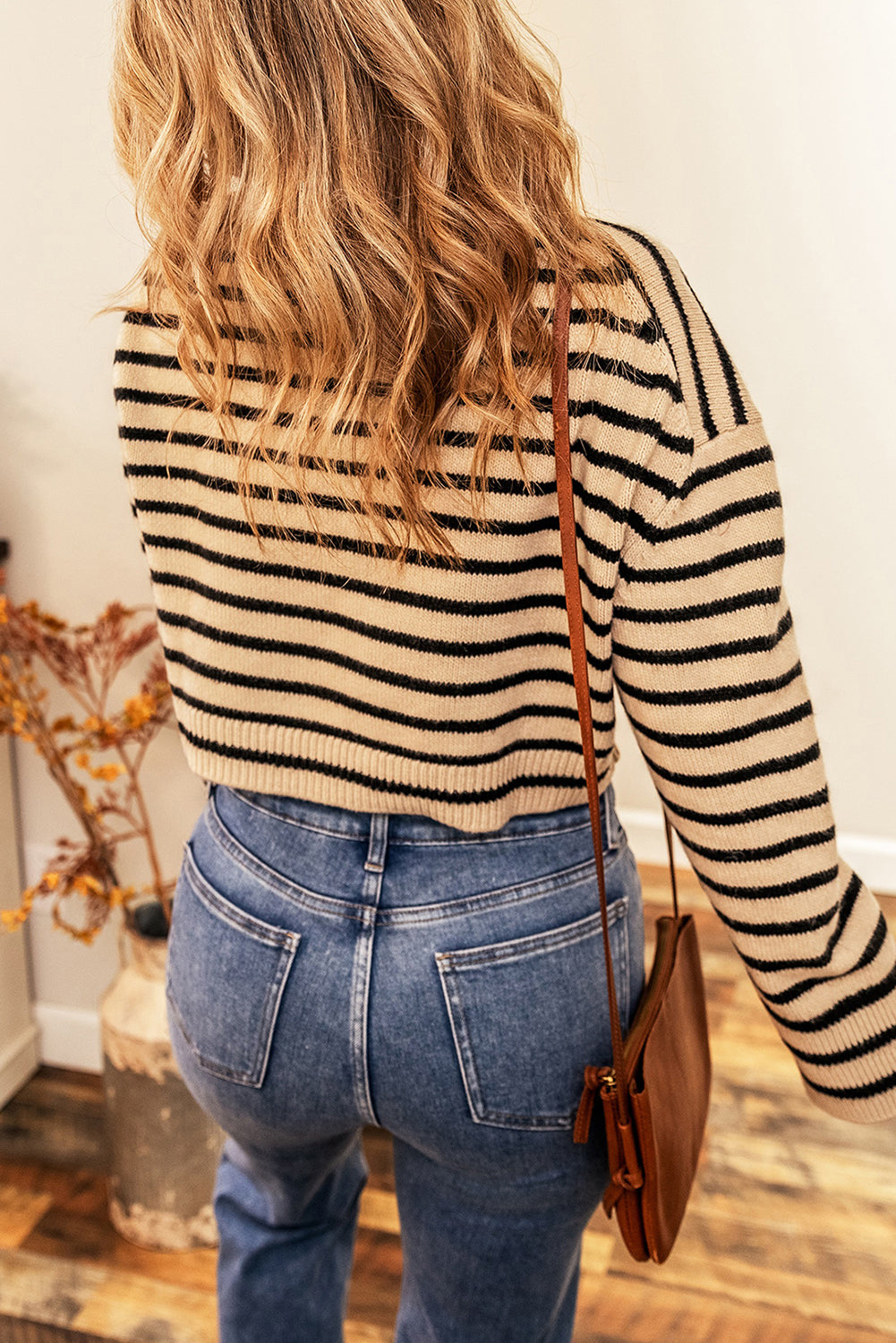 Stripe Knit Crewneck Cropped Sweater