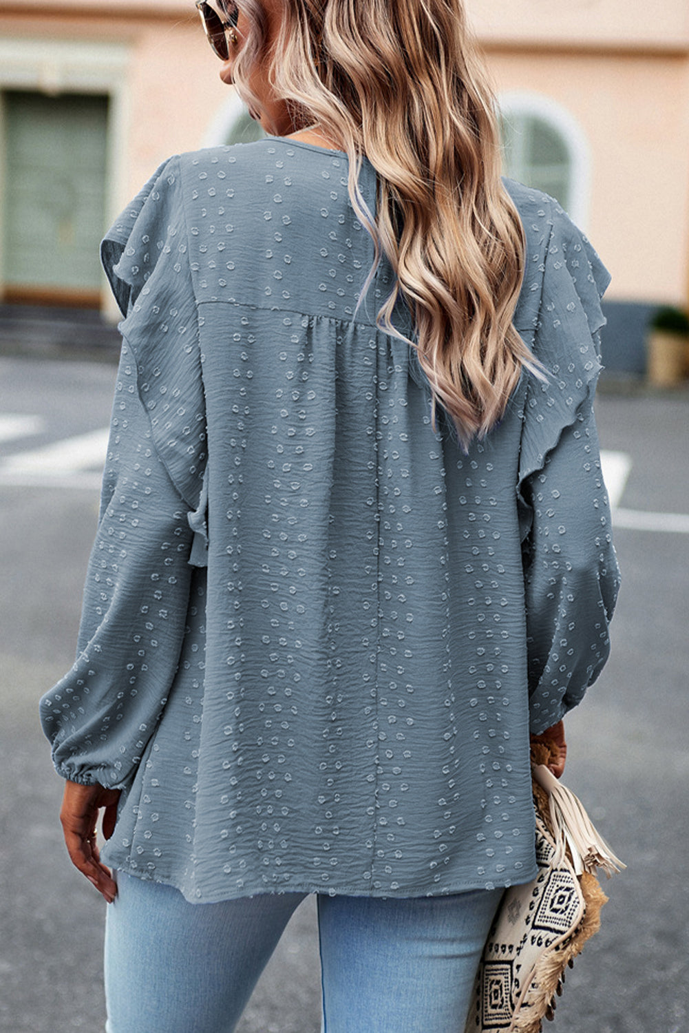 Eyelet Ruffle Lantern Sleeve Blouse