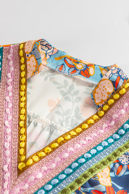 Floral Boho Crochet V-Neck Short Sleeve Blouse