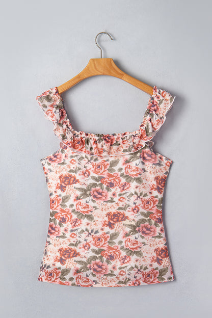 Floral Mesh Ruffle Square Neck Tank Top