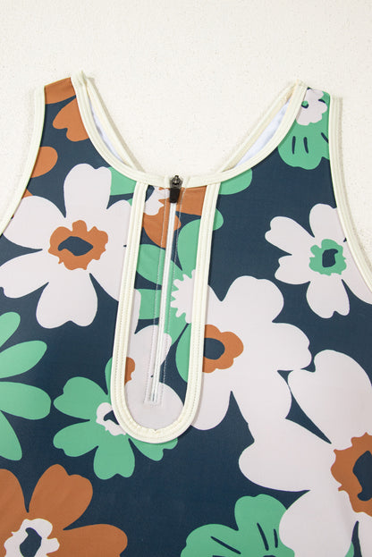 Flower Zip-Up Racerback Top & High Waist Bikini Set