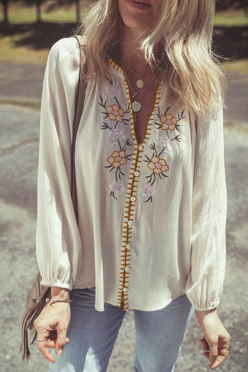 Floral Embroidered Textured Puff Sleeve Shirt
