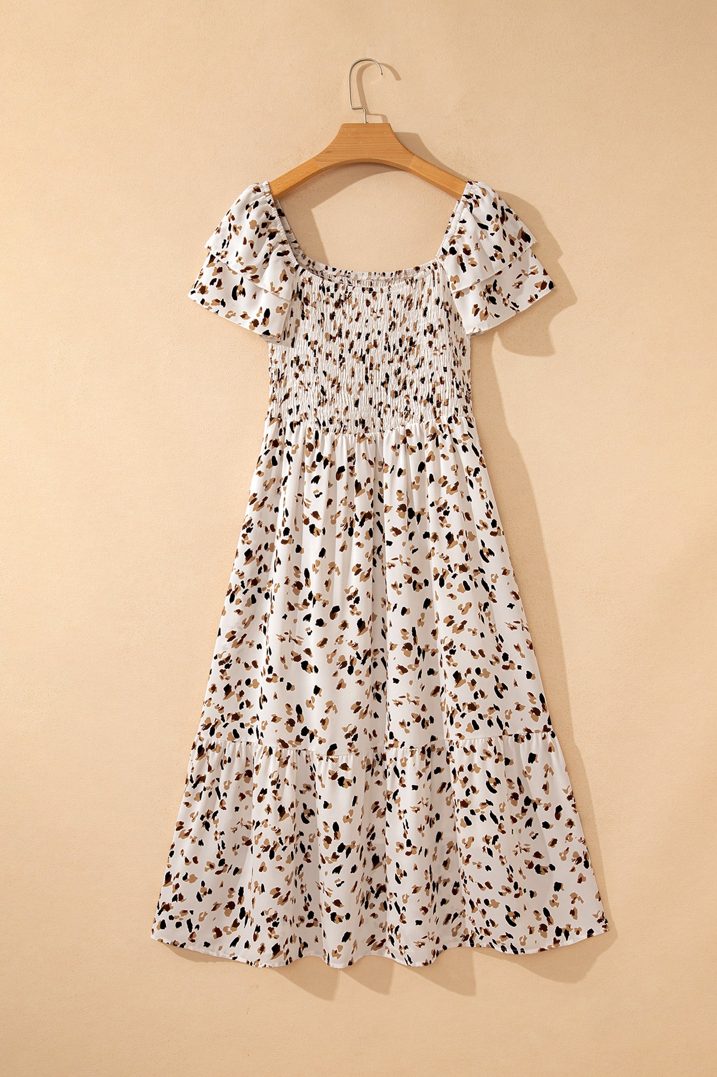 Leopard Smocked Square Neck Ruffle Sleeve Dress