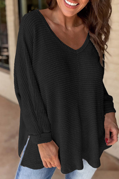 Waffle Side Slit V-Neck Top