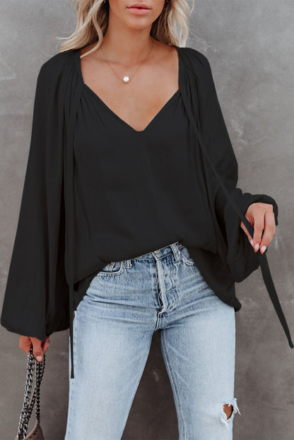 Satin Tie-Front Puff Sleeve Blouse