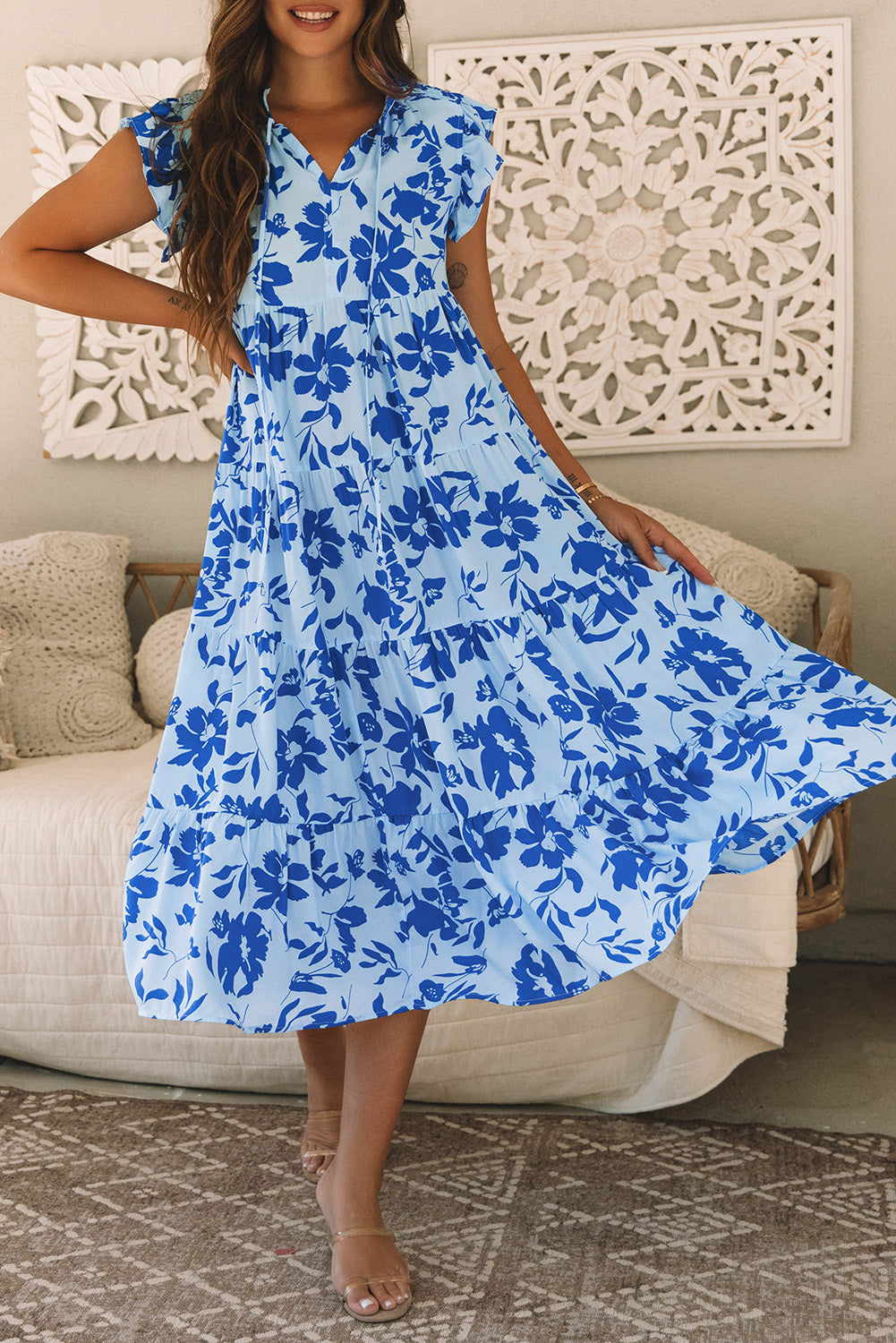 Floral Flutter Sleeve Midi Dress