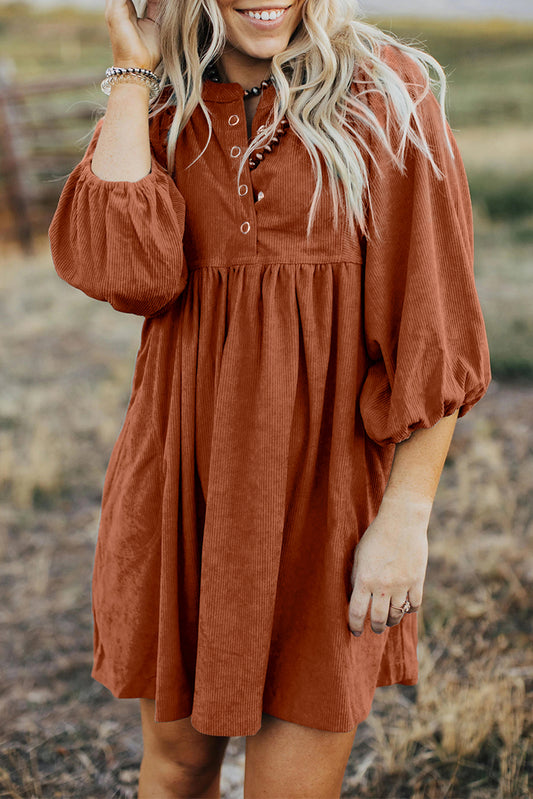 Corduroy Buttoned 3/4 Sleeve Dress