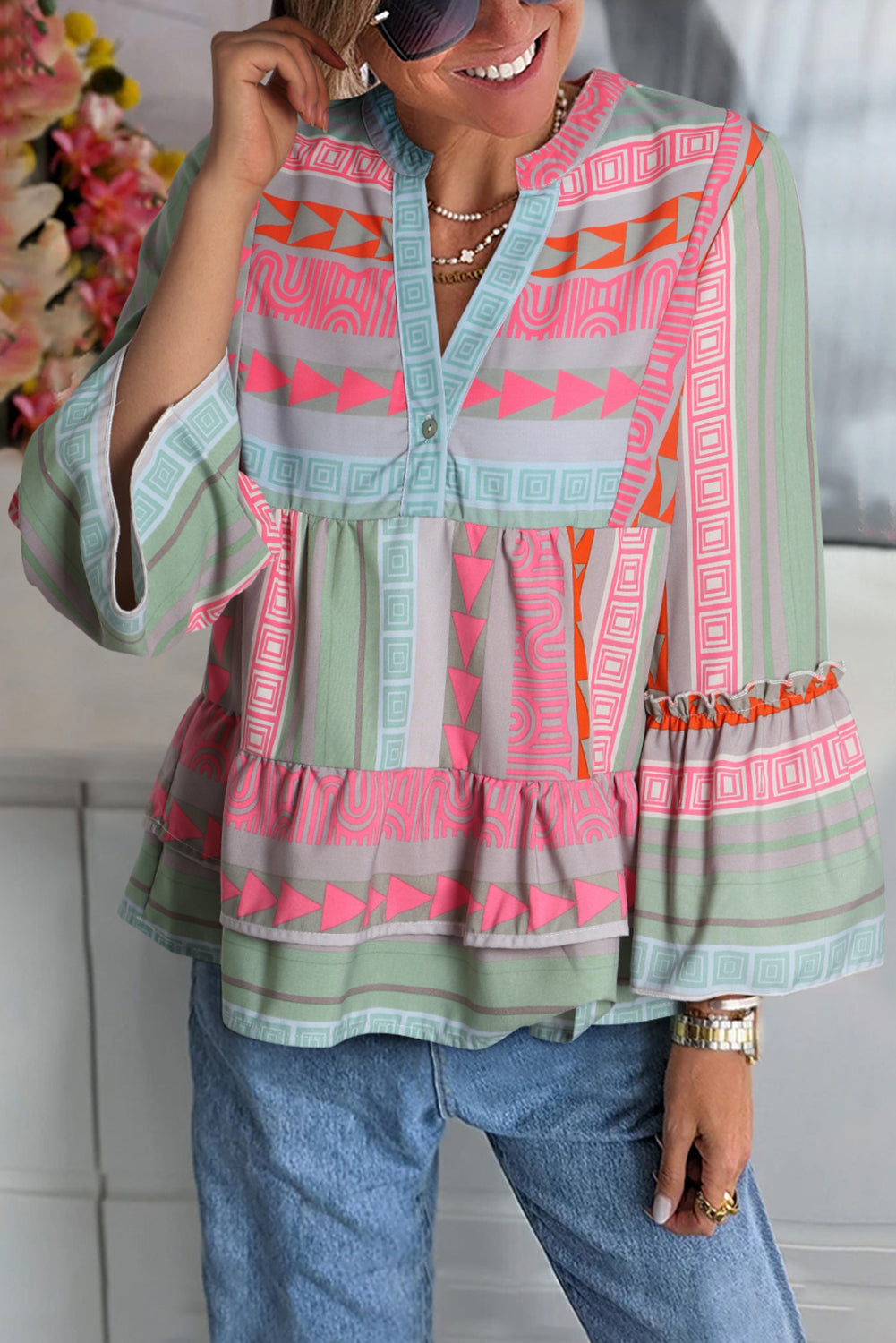 Boho Geometric Ruffle Blouse