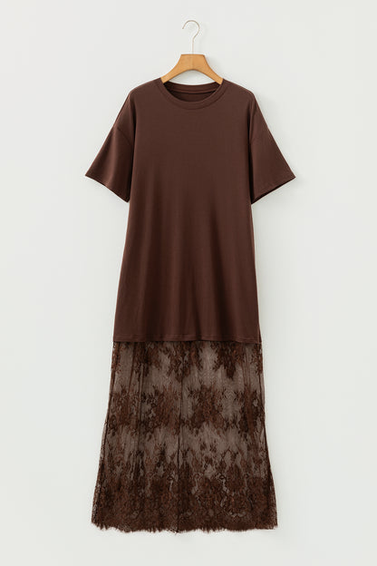 Solid Lace Patchwork Short Sleeve Maxi Dress