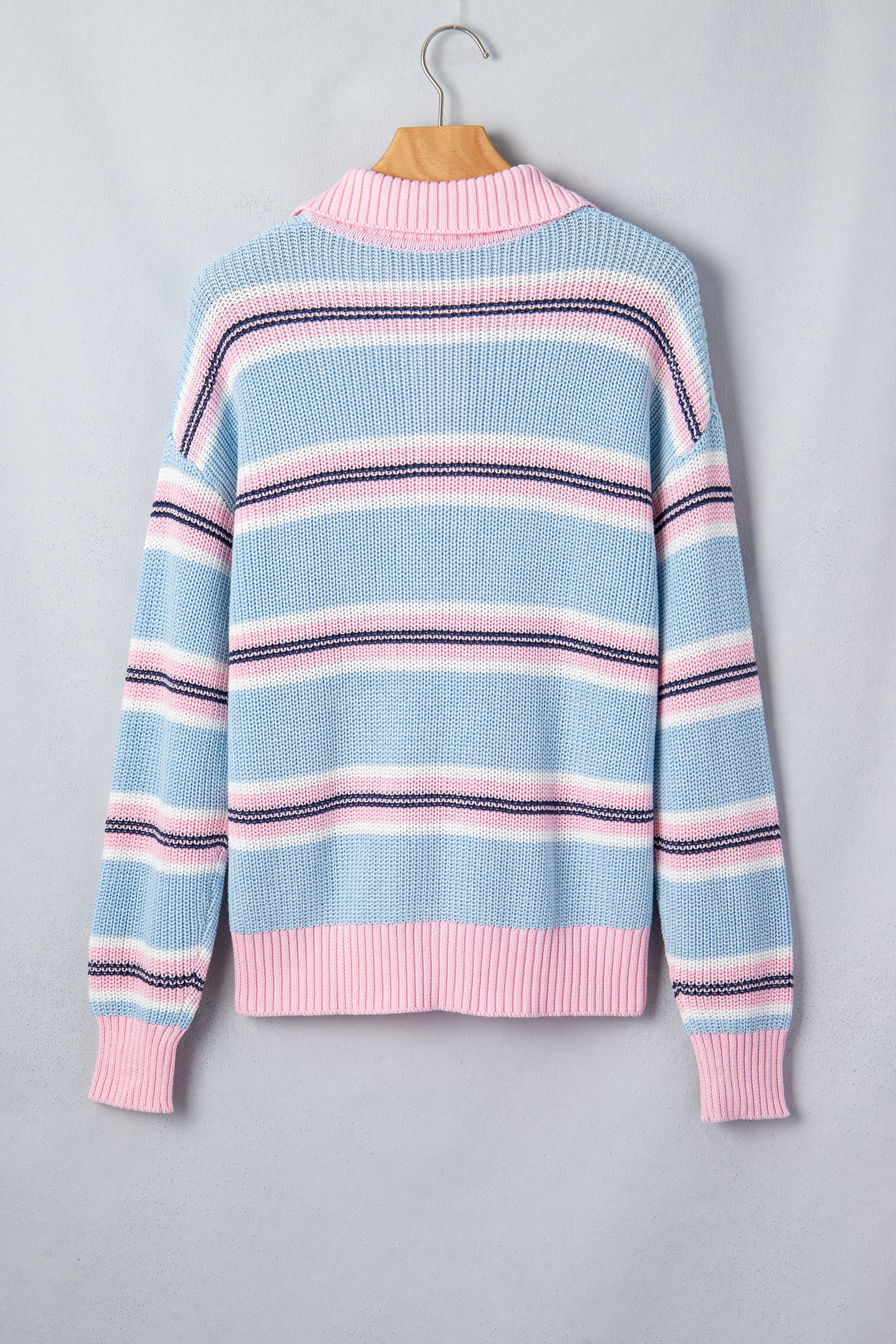 Stripe Ribbed Trim Buttoned Collar Long Sleeve Sweater