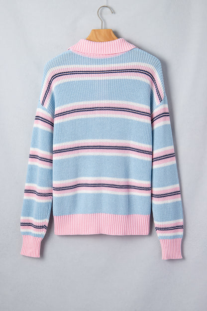 Stripe Ribbed Trim Buttoned Collar Long Sleeve Sweater