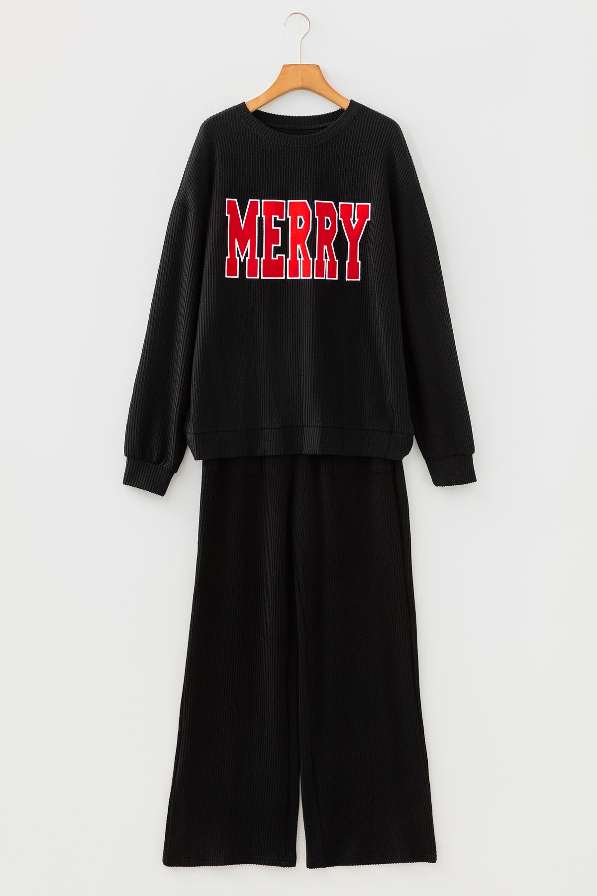 Christmas Letter Print Corded Knit Top & Pants Set