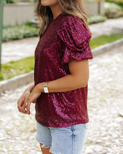 Sequin Short Bubble Sleeve Blouse