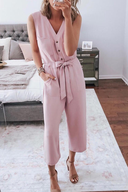 Button-Up Sleeveless Belted Jumpsuit