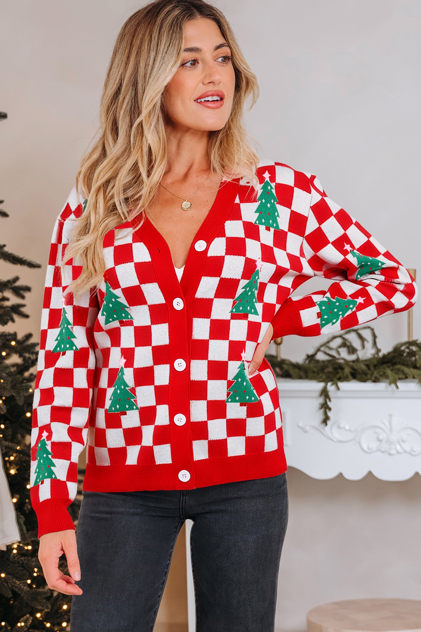 Checker Christmas Tree Buttoned V-Neck Cardigan Sweater