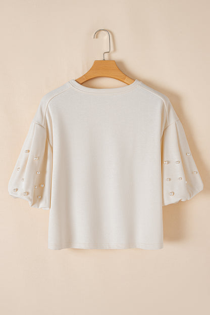 Pearl Puff Sleeve Round Neck Top