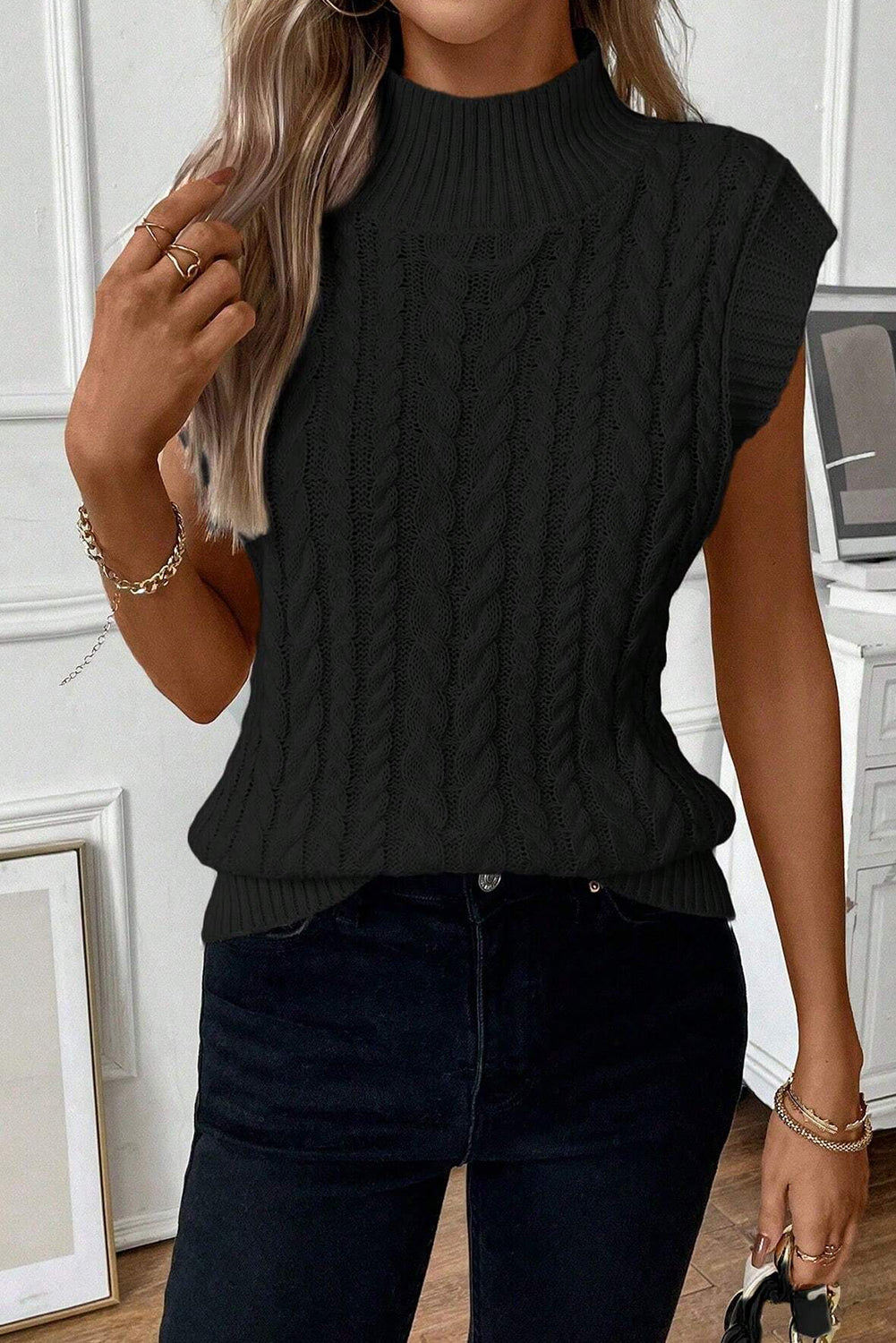 Cable High Neck Sweater Top