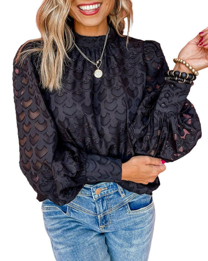 Scallop Burnout Bubble Sleeve Blouse