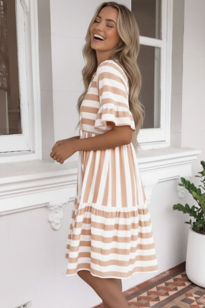 Stripe Tie V-Neck Ruffle Trim Mini Dress