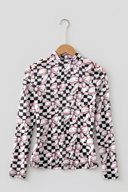 Checker Baseball Bow High Neck Long Sleeve Mesh Top