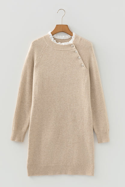 Lace Trim Buttoned Raglan Sleeve Sweater Dress