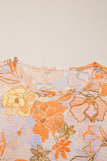 Floral Mesh Lettuce Trim Long Sleeve Top