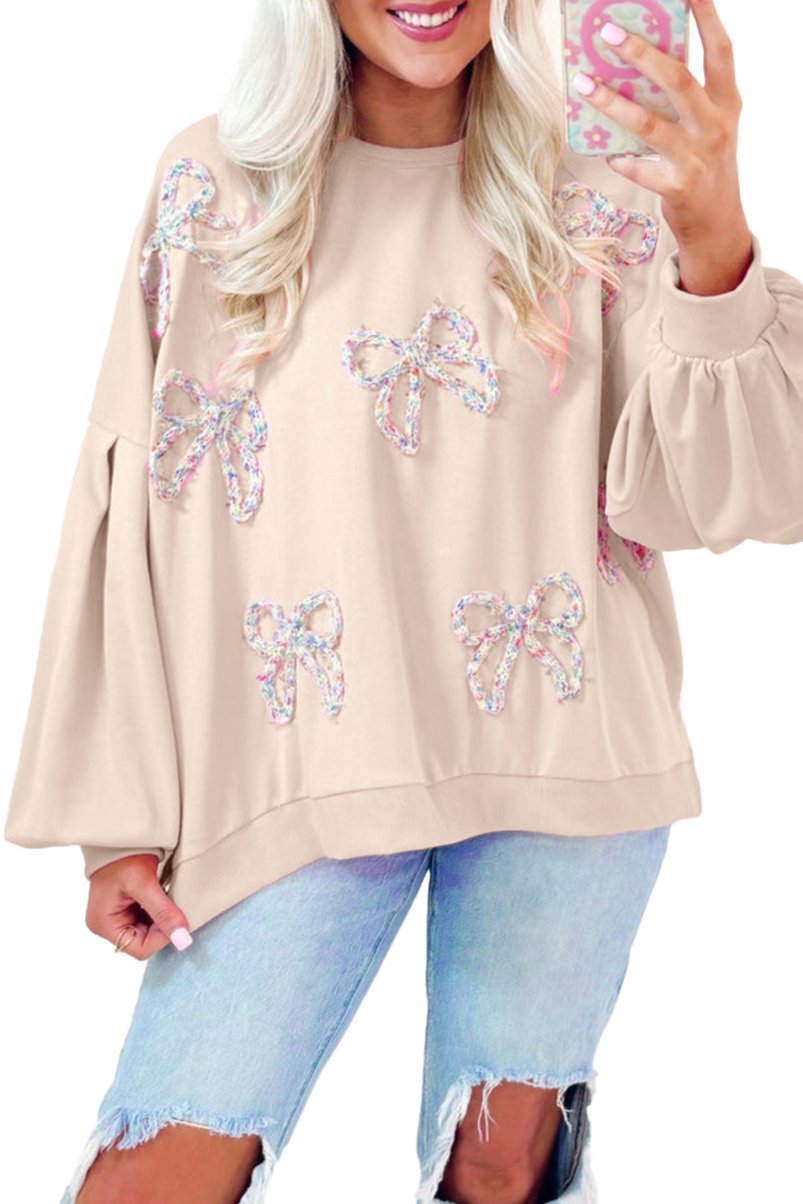 Bow Embroidered Lantern Sleeve Sweatshirt