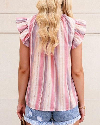 Stripe Ruffle Sleeve Crewneck Blouse