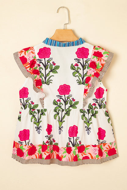 Floral Tie-Neck Stripe Detail Flutter Sleeve Blouse