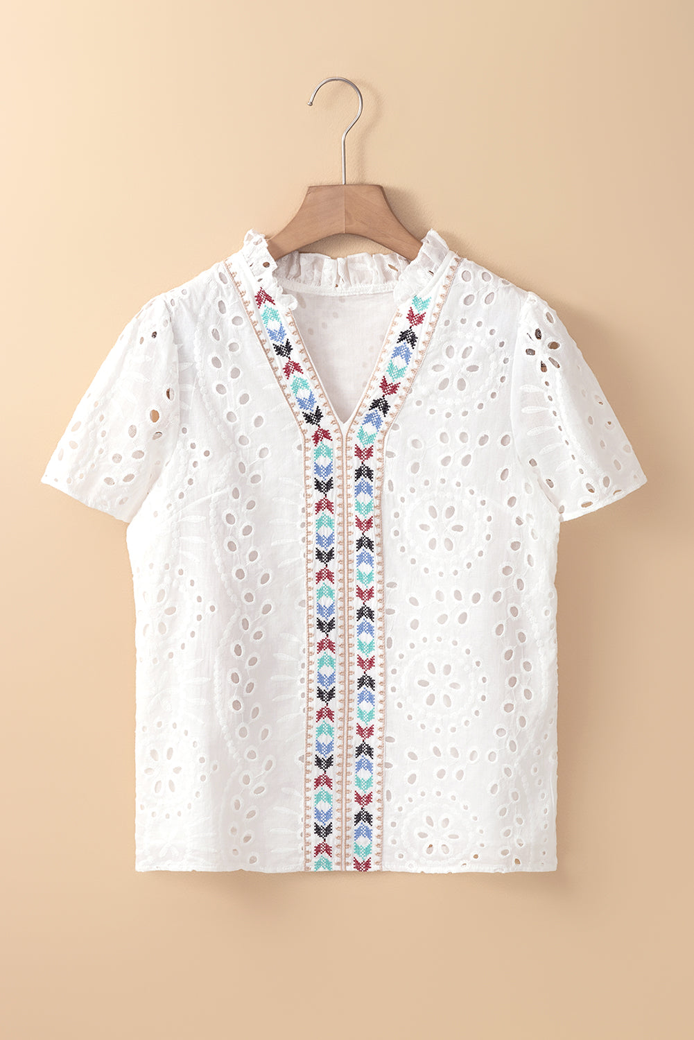 Geometric Embroidered Eyelet V-Neck Blouse